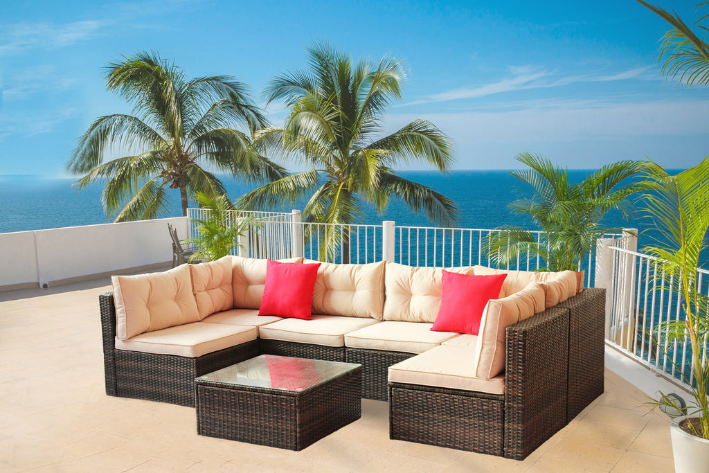 Outdoor Sectional Set PE Rattan 7 Piece Seats 6