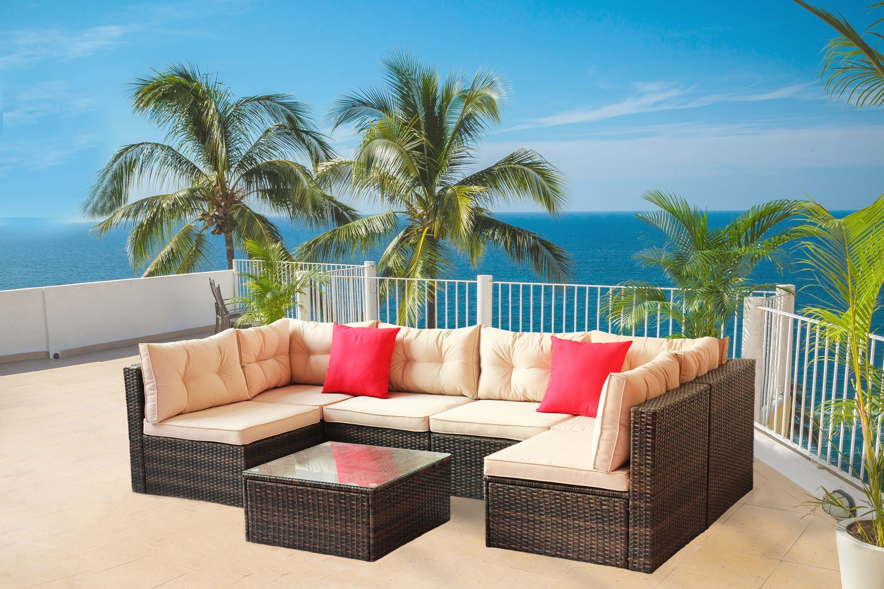 Outdoor Sectional Set PE Rattan 7 Piece Seats 6