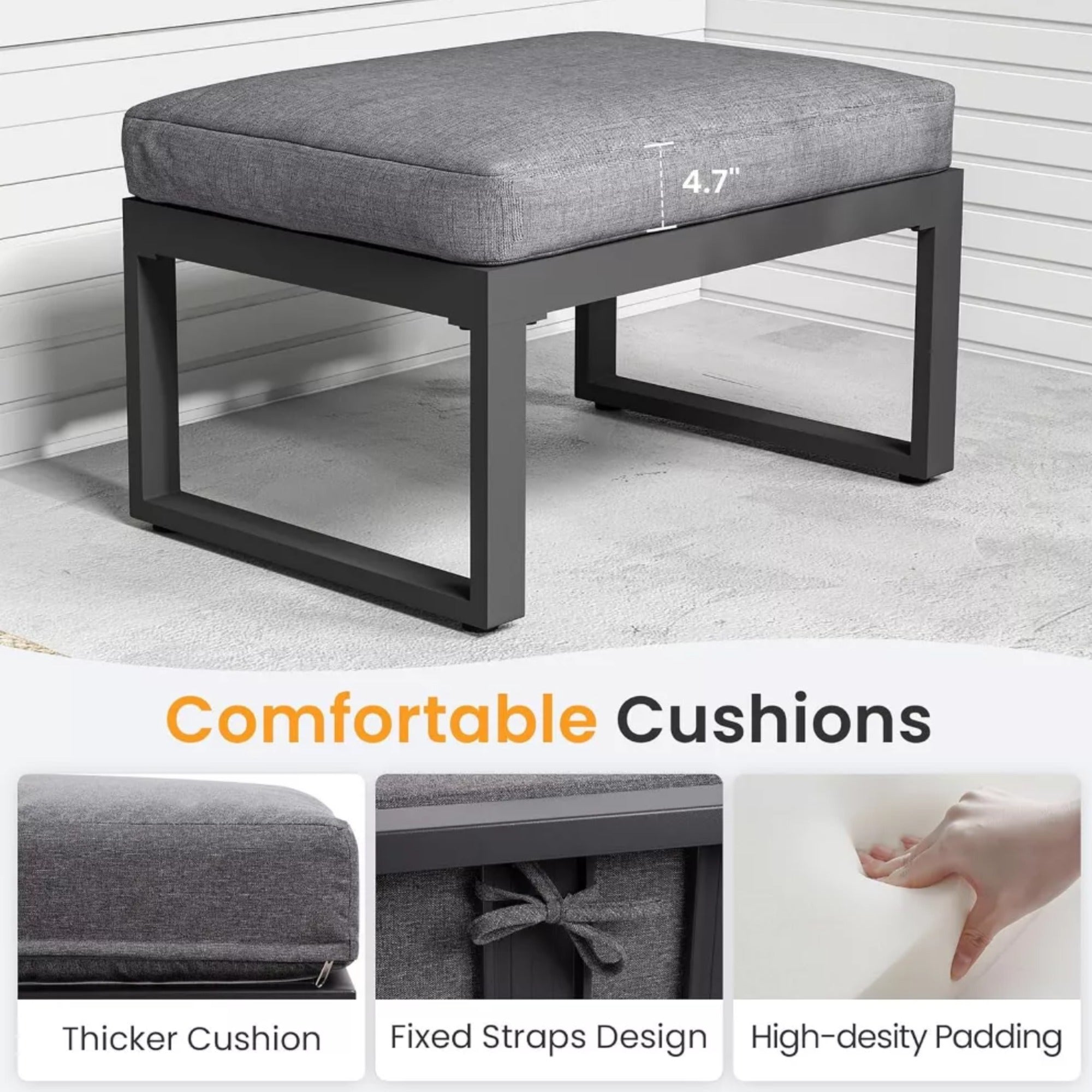 Outdoor Ottoman Aluminum Black Gray Cushion Rectangular Set of 2