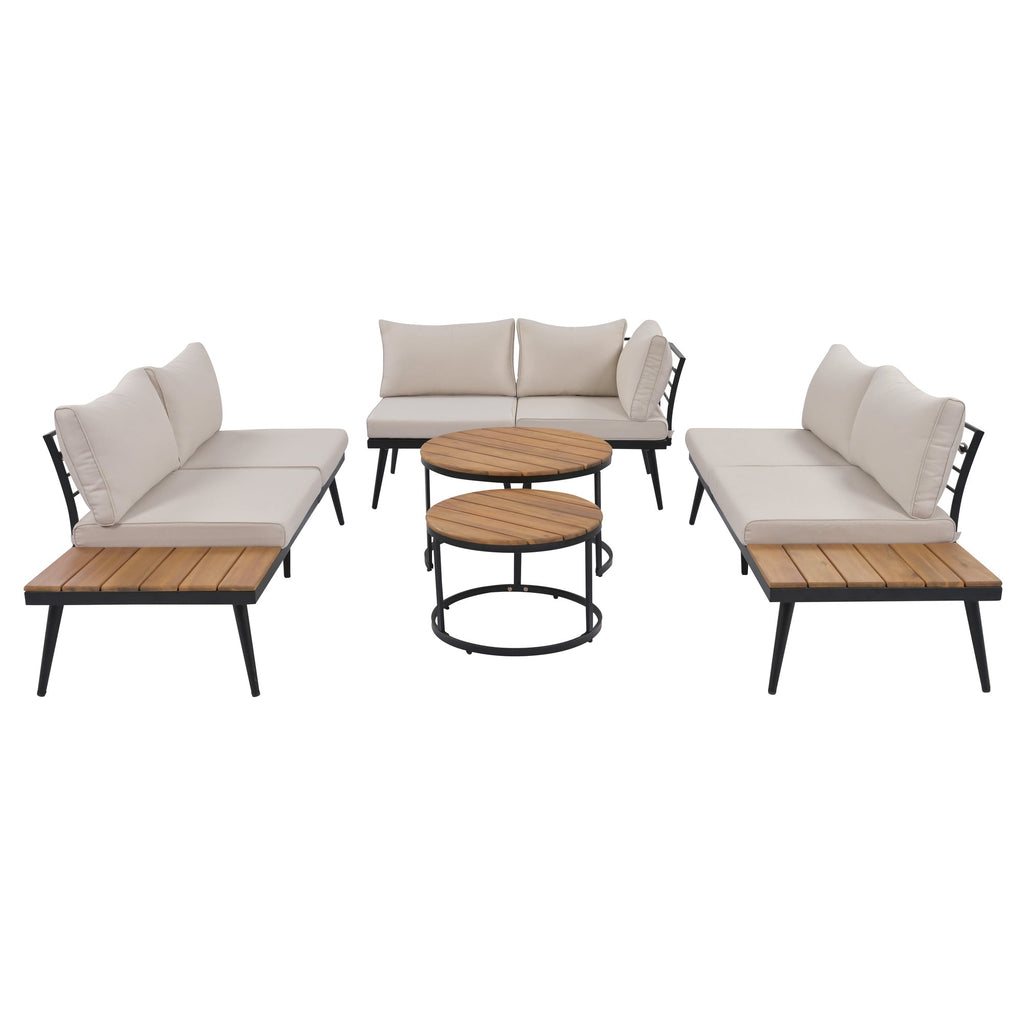 Outdoor Sectional Set Acacia Wood Steel Beige Cushion 6 Piece Seats 5
