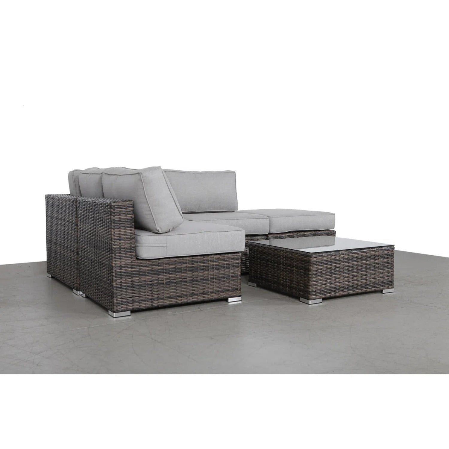 Outdoor Sofa Set HDPE Wicker Brown 3 Piece Sofa Ottoman Glass Table Seats 3