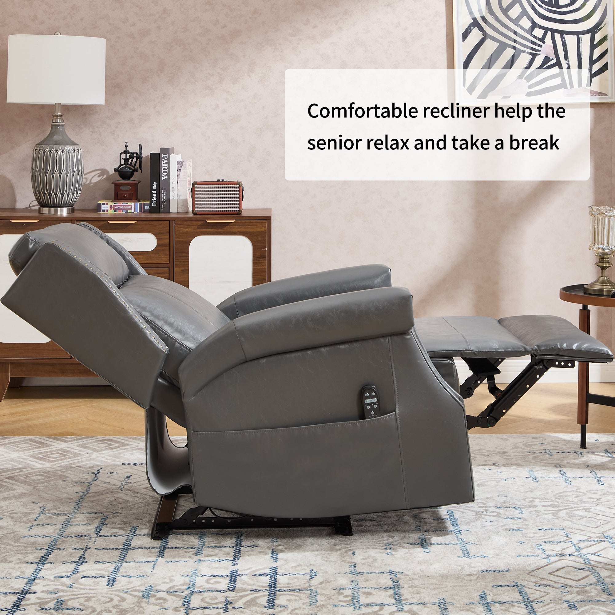 Recliner Chair Manual Faux Leather Gray Heat Massage 155 Degree 8 Nodes