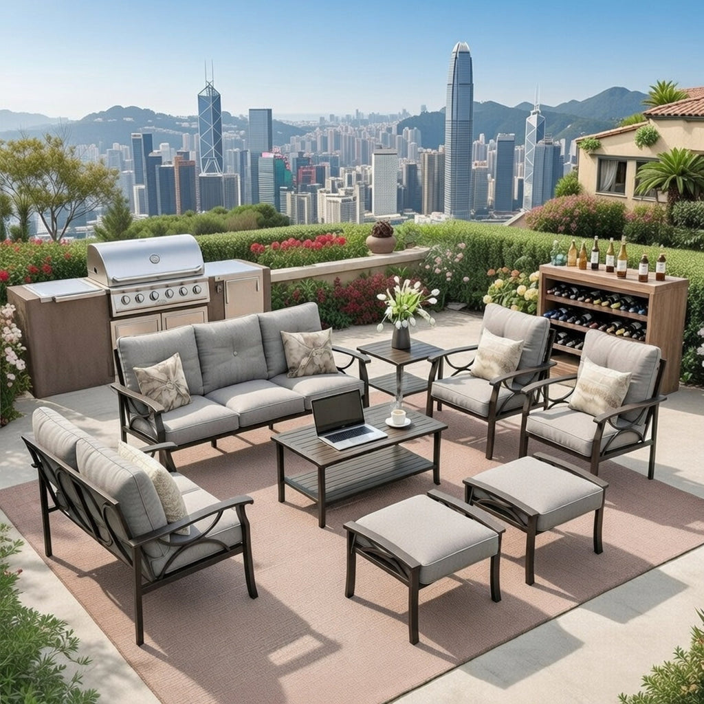Outdoor Patio Set Steel 8 Piece Seats 9 Khaki Gray