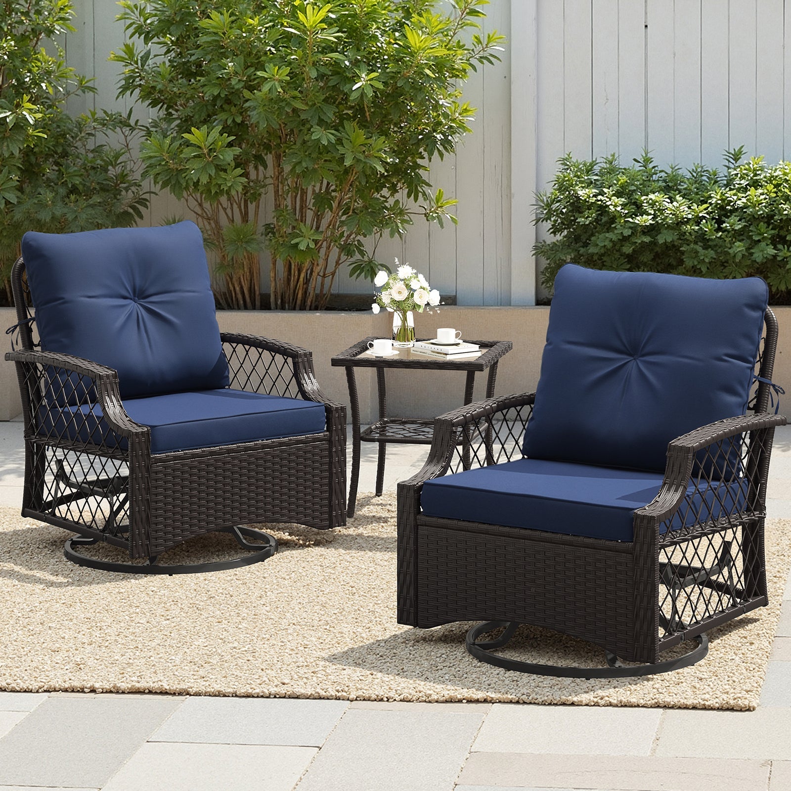 Outdoor Bistro Set Wicker Swivel Glider Navy 3-Piece