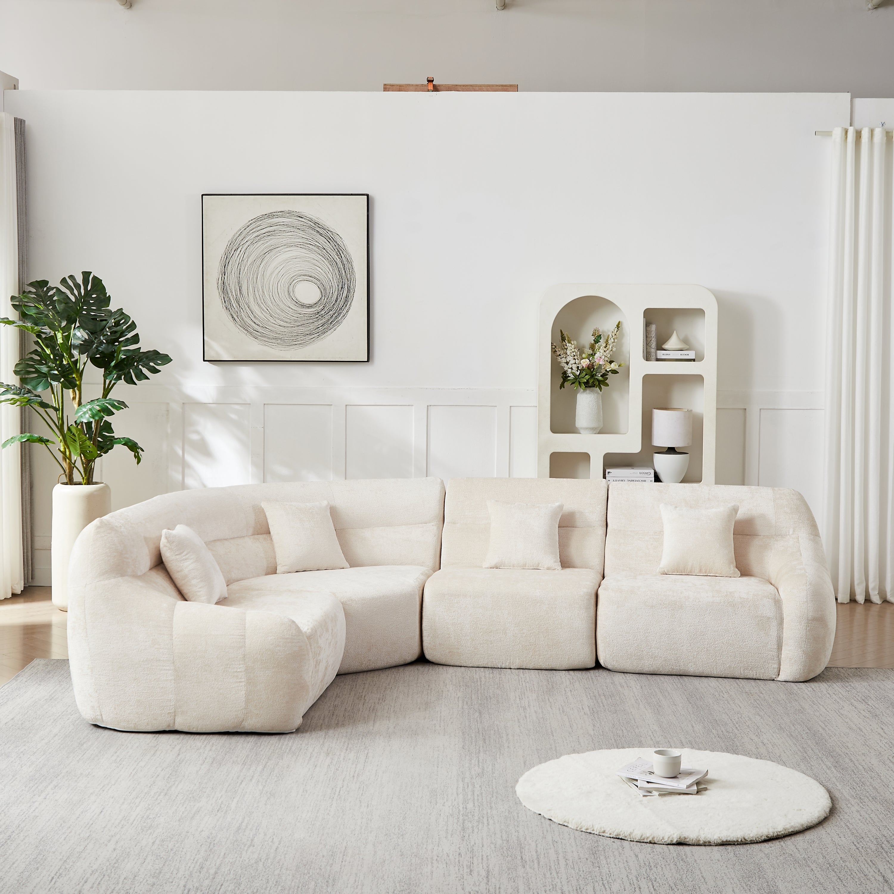 Sectional Sofa Curved Modular Chenille Beige 4 Seat 900 LB No Assembly