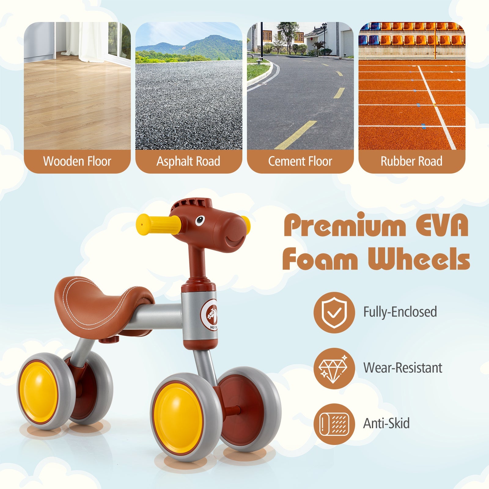 Baby Balance Bike No Pedal 4-Wheel Bicycle-Brown
