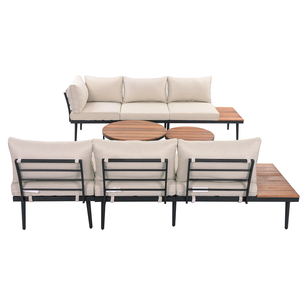 Outdoor Sectional Set Acacia Wood Steel Beige Cushion 6 Piece Seats 5