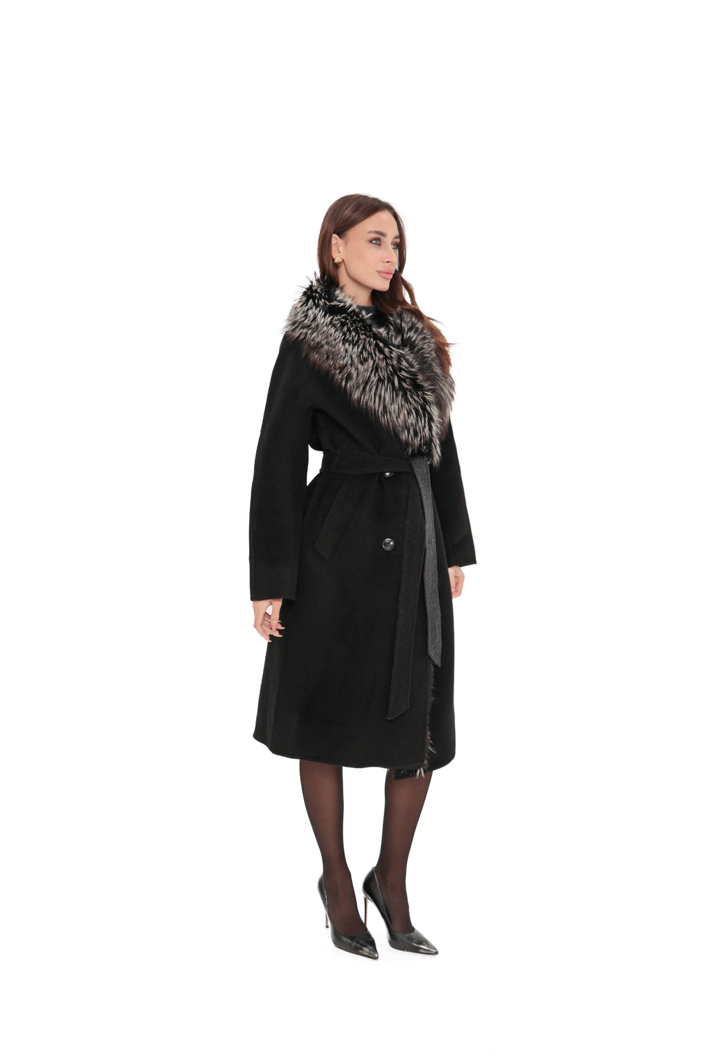 Genuine Silver Fox Cashmere Blend Coat