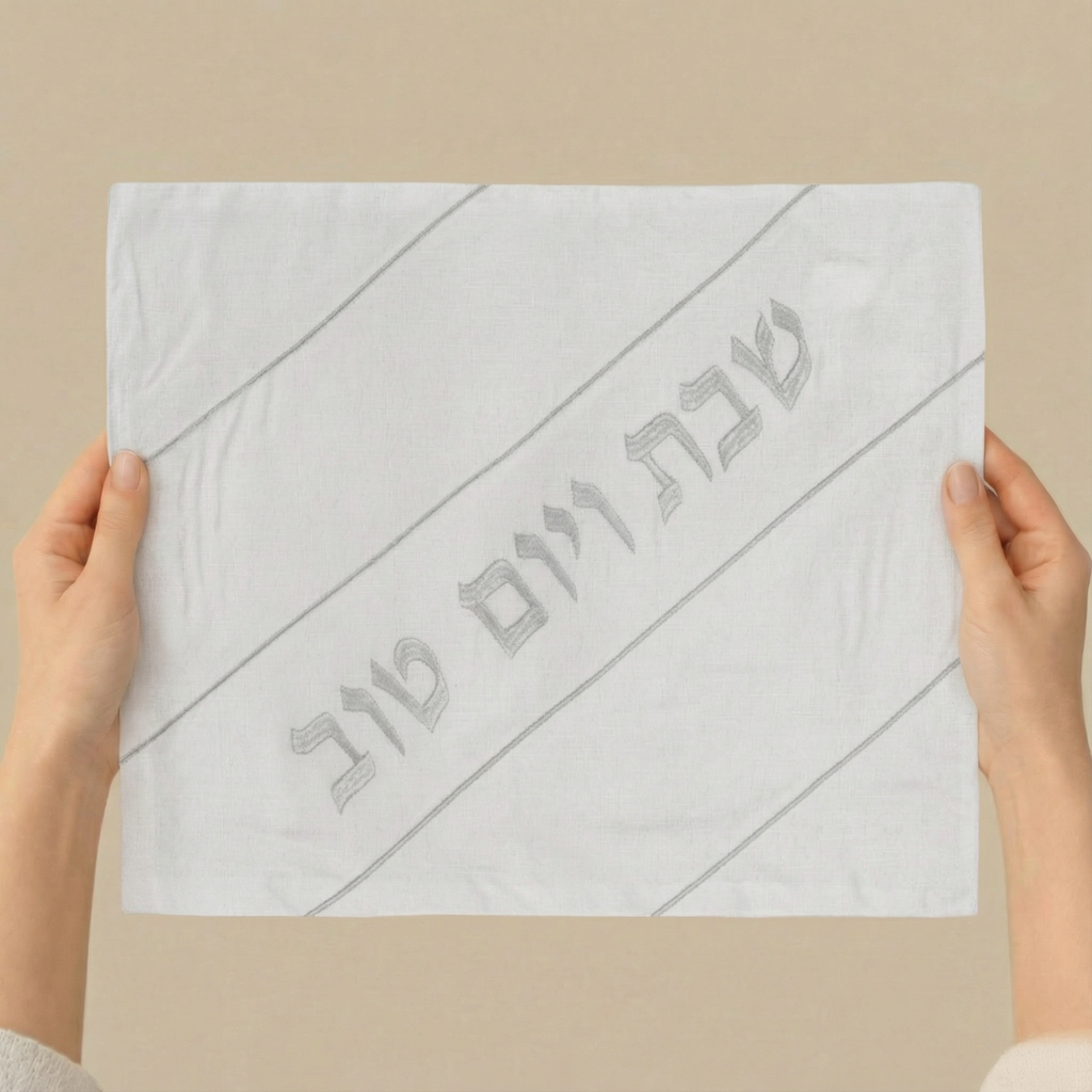 Elegant Linen Challah Cover with Silver Accent – Pure White Series