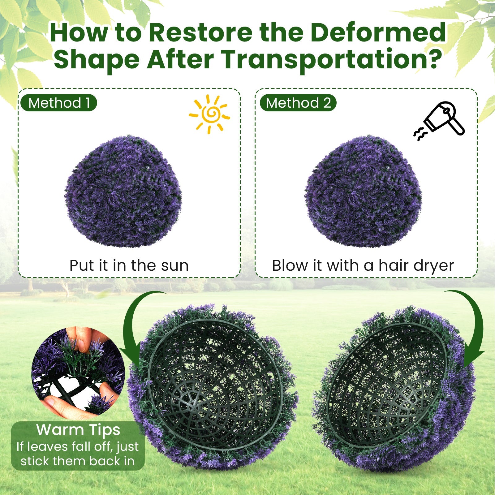 15 Inch Round Artificial Plant Boxwood Topiary Balls Set of 2 for Indoor Outdoor-Purple