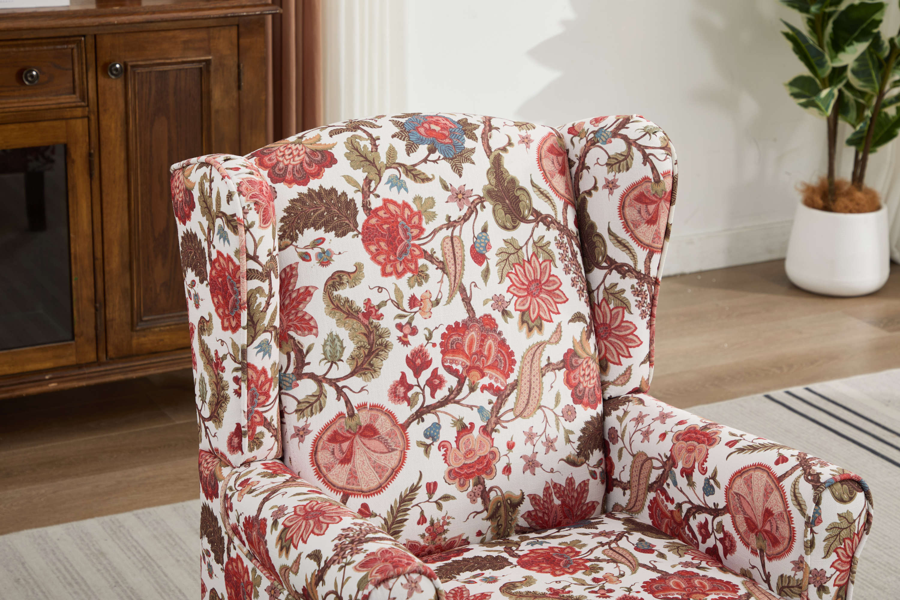 Accent Chair Wingback Linen Floral Red Pine Legs 28x30x38 In
