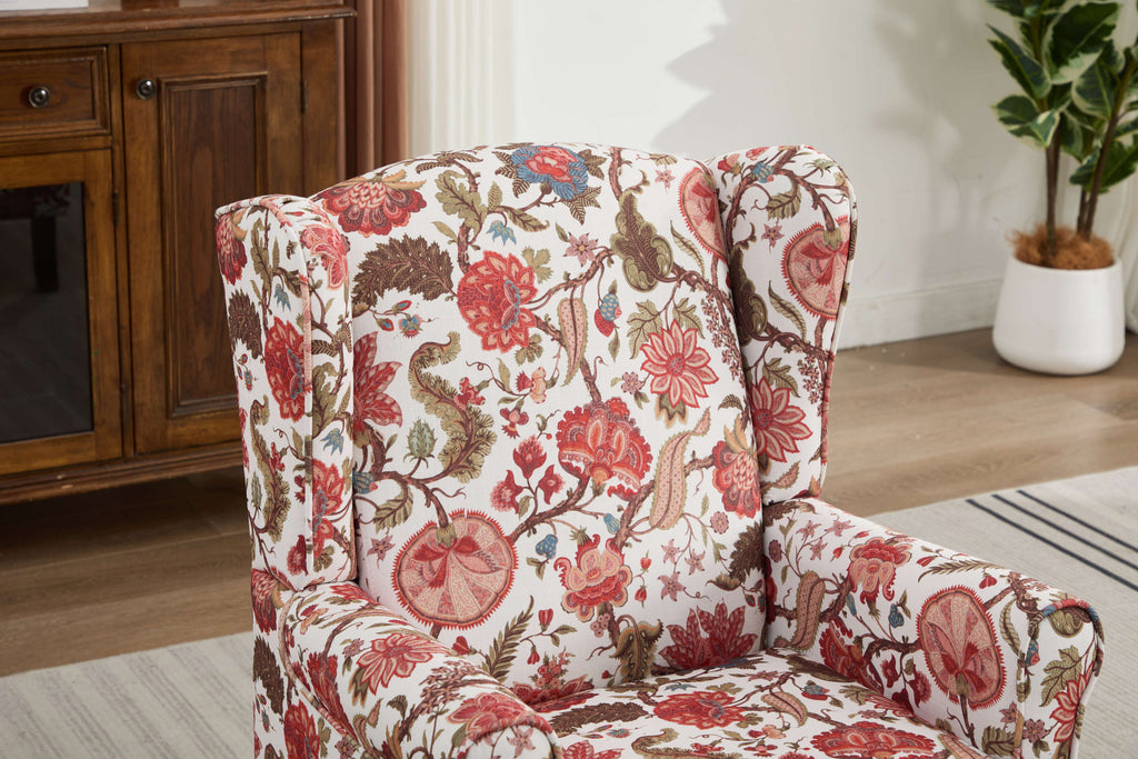 Accent Chair Wingback Linen Floral Red Pine Legs 28x30x38 In
