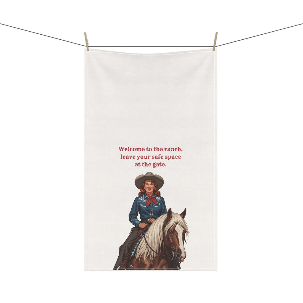 "Welcome to the Ranch, leave your safe space at the gate" Western Ranch Tea Towels, Rustic Kitchen Decor, Farmhouse Hostess Gift, Cowboy Themed Towel, Country Style Homeware