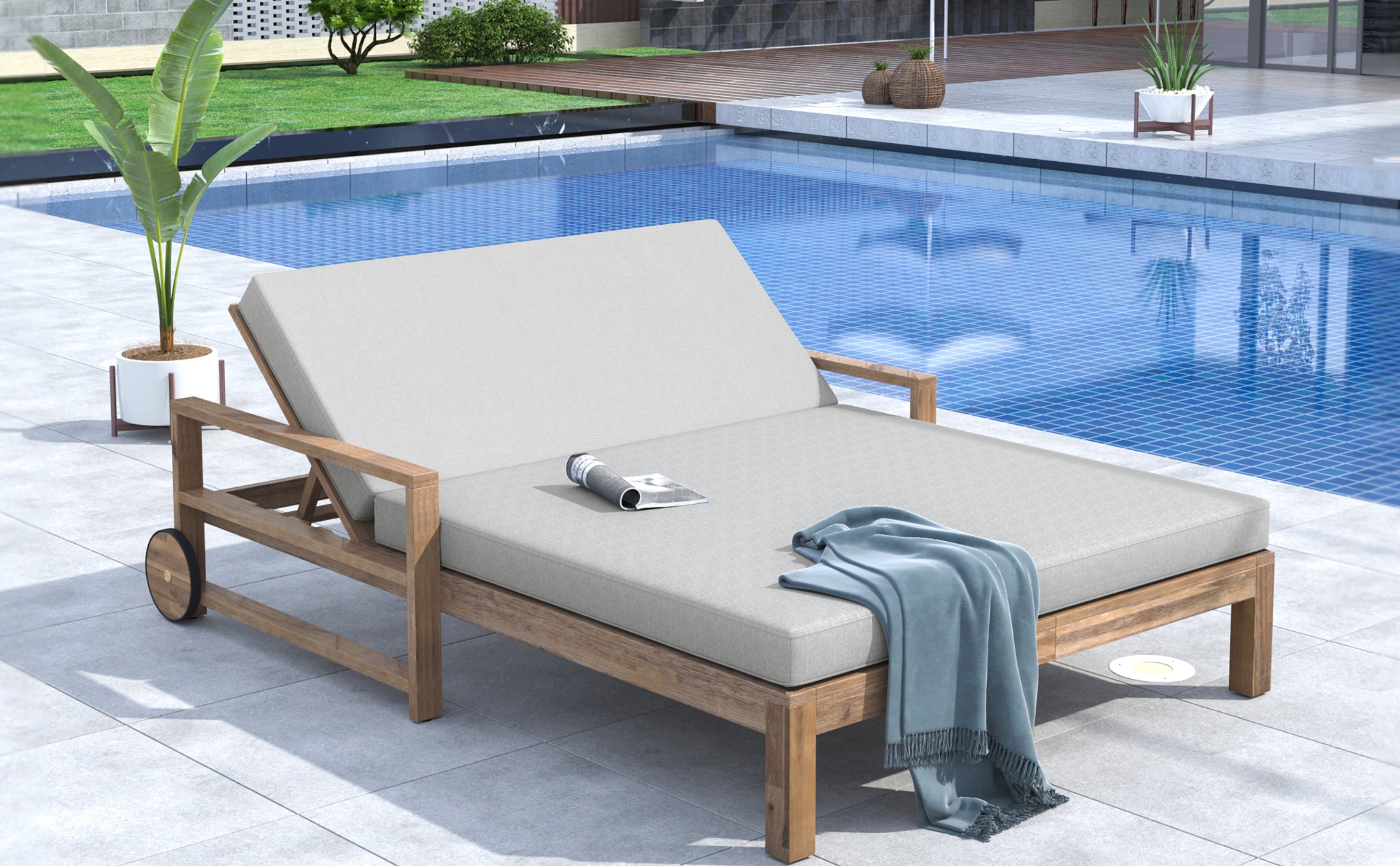 Outdoor Daybed Acacia Wood Farmhouse Gray with Wheels 2 Person