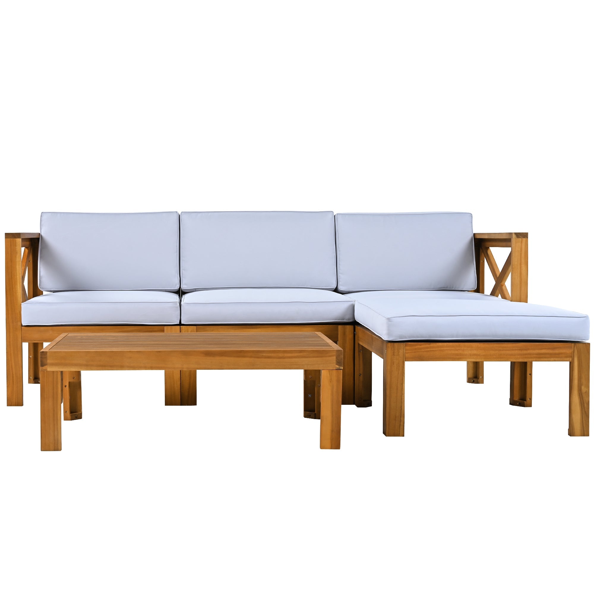 Outdoor Patio Sectional Set Acacia Wood Gray Cushions 5 Piece X-Back