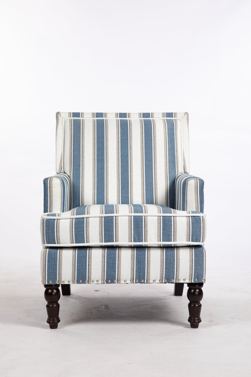 Accent Chair Vintage Striped Linen Blue White Nailhead Solid Wood Legs