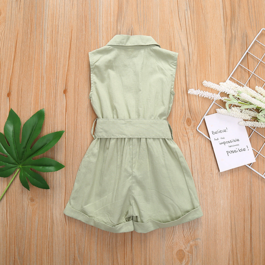Multicolor Girls' Solid Lapel Sleeveless Single-breasted One-piece Shorts