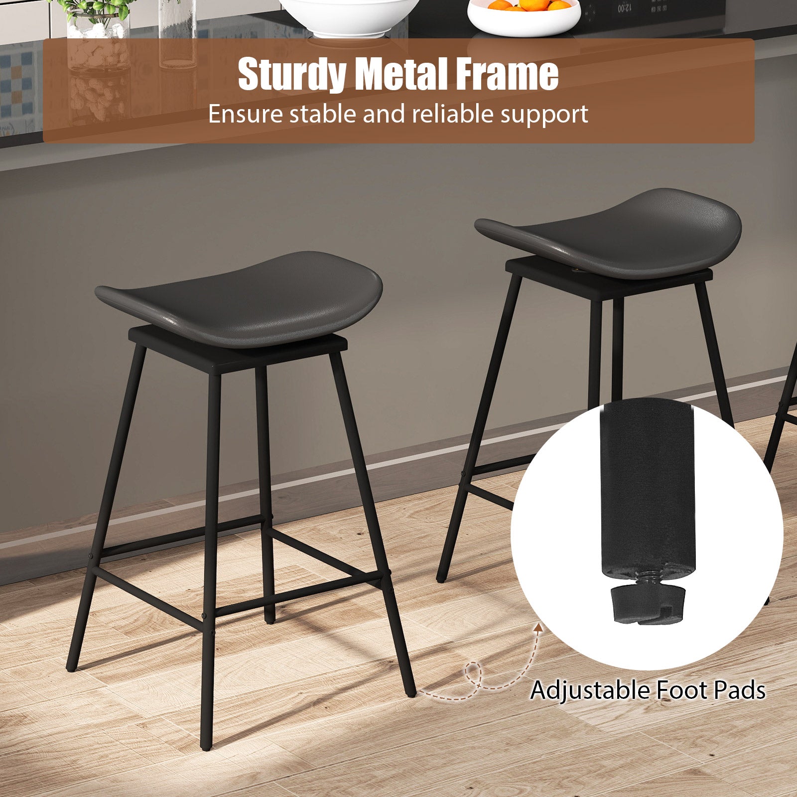 Set of 2 Swivel Barstools Faux Leather Upholstered Backless with Footrest