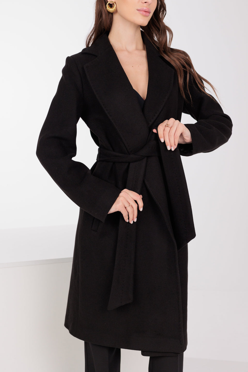 Geneva Classic Wraparound Wool Blend Overcoat in Black