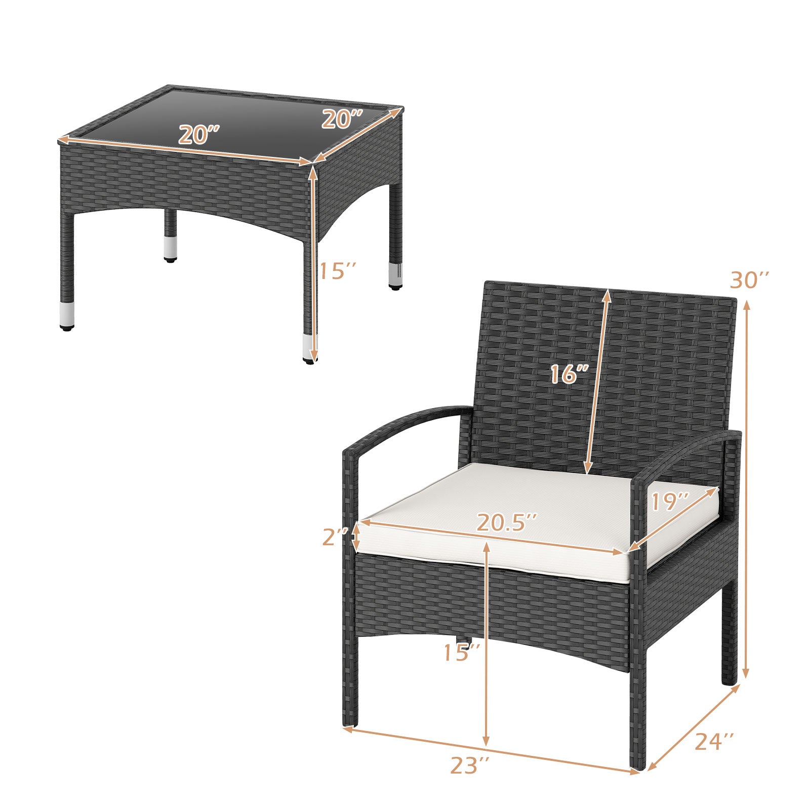 3-Piece Patio Furniture Set Rattan Bistro Chairs with Table-Beige