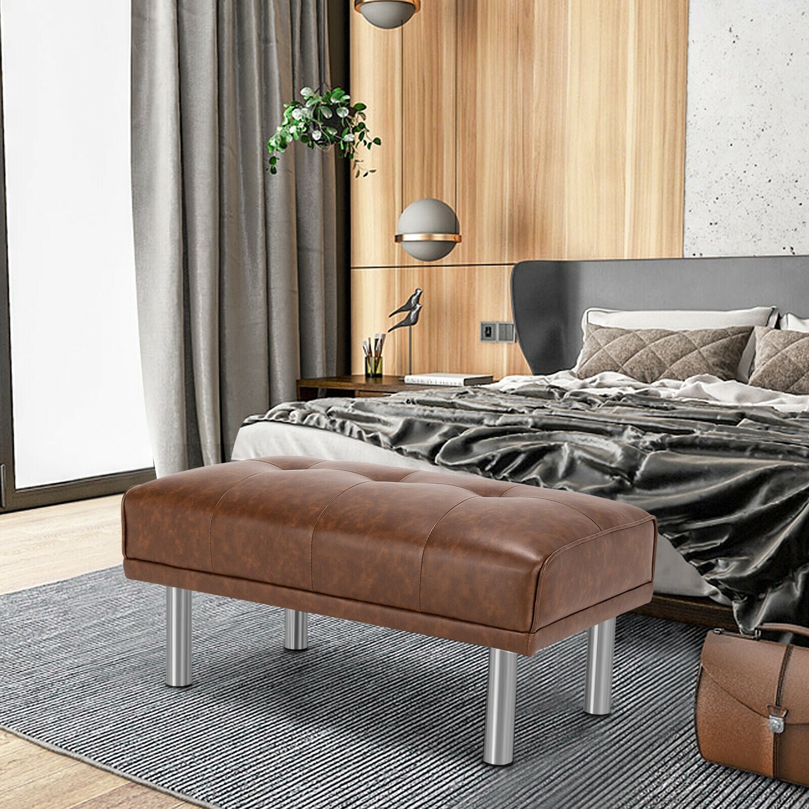 Rectangle Tufted Ottoman with Stainless Steel Legs for Living Room