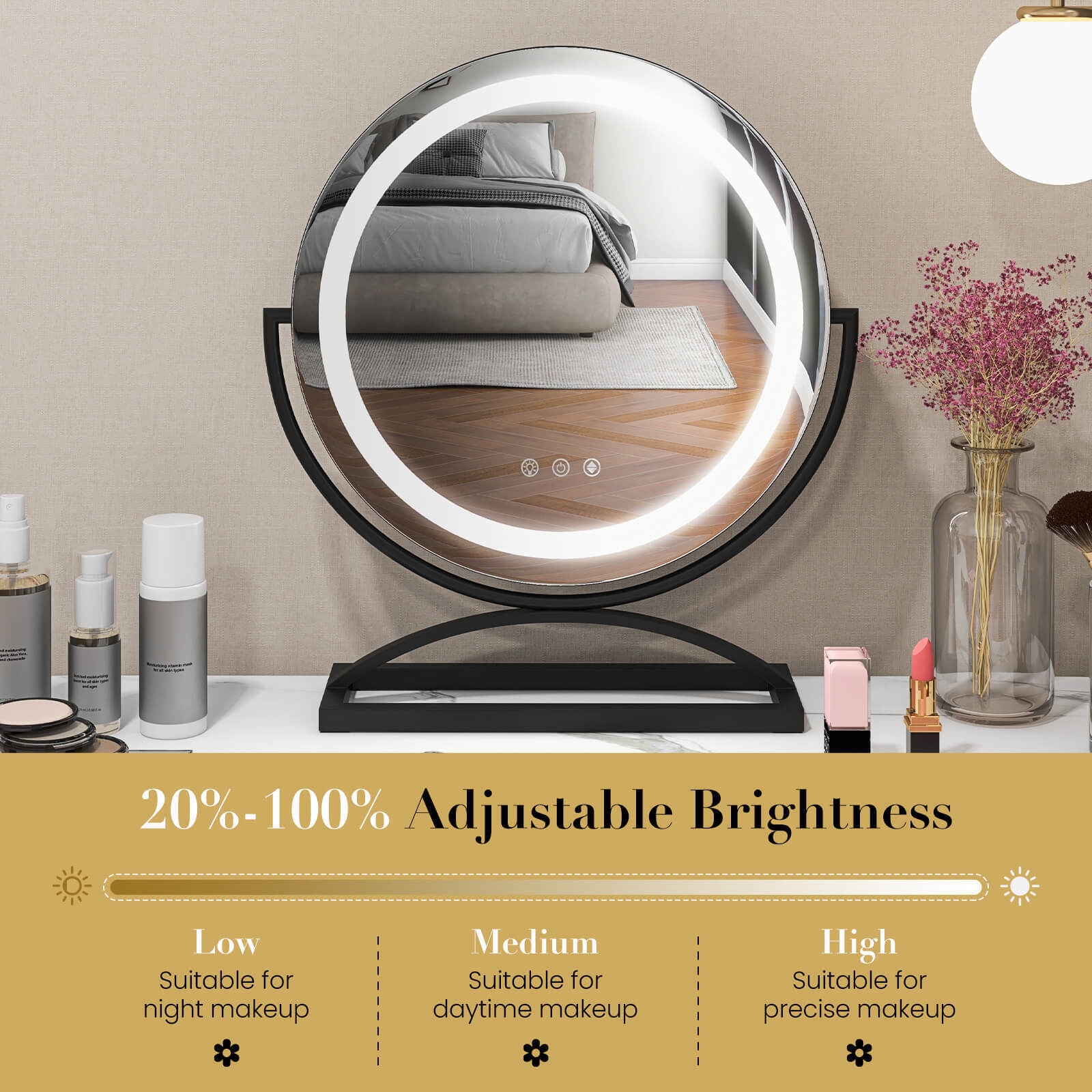 16 Inch Round Makeup Vanity Mirror with 3 Color Dimmable LED Lighting