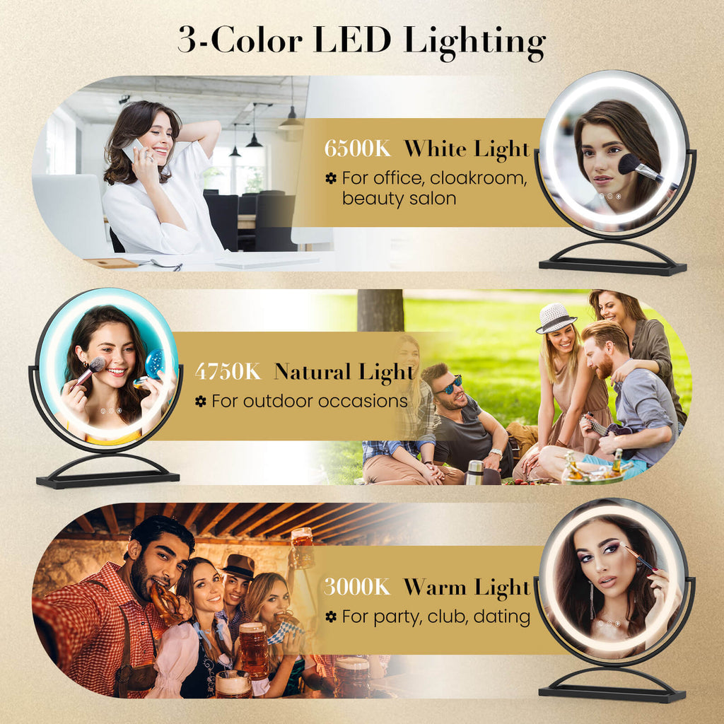 16 Inch Round Makeup Vanity Mirror with 3 Color Dimmable LED Lighting