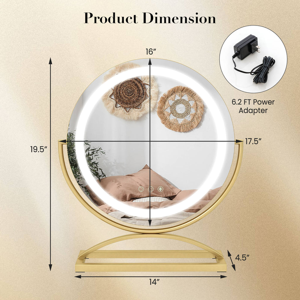 16 Inch Round Makeup Vanity Mirror with 3 Color Dimmable LED Lighting
