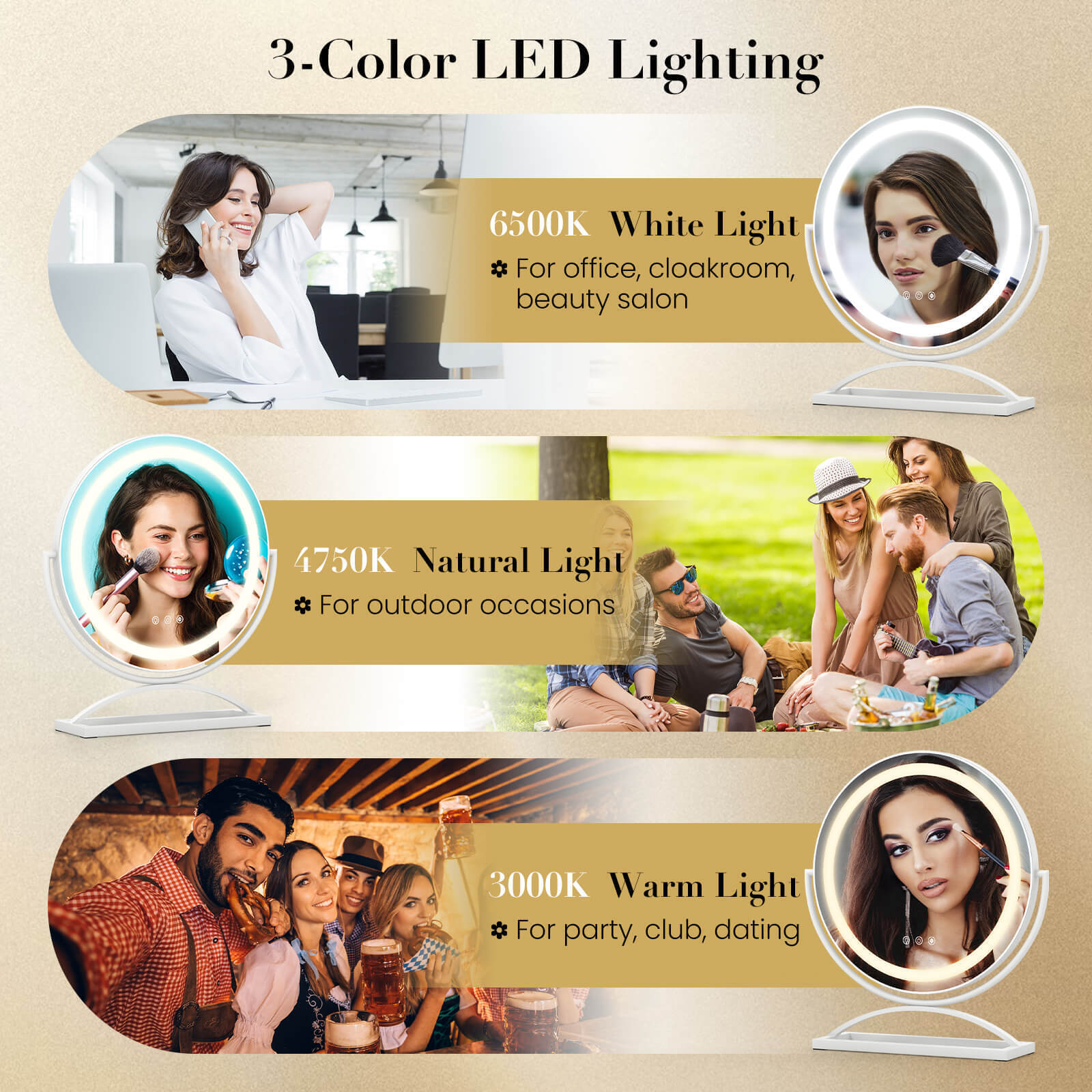 16 Inch Round Makeup Vanity Mirror with 3 Color Dimmable LED Lighting