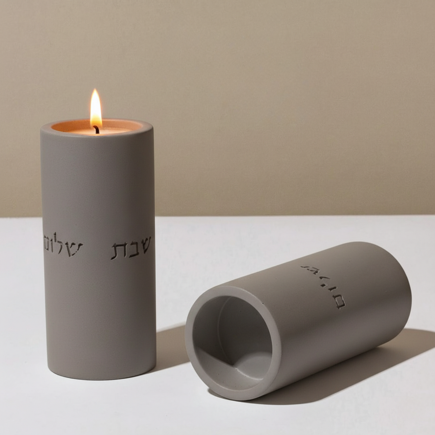 Set of Shabbat Candle Holders with a Designed Concrete Tray - Stone Glow Series