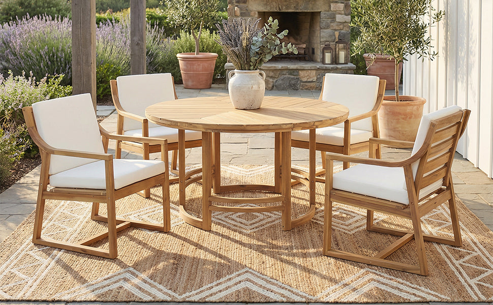 Outdoor Dining Set Acacia Wood Light Teak Beige Cushions 5 Piece Seats 4