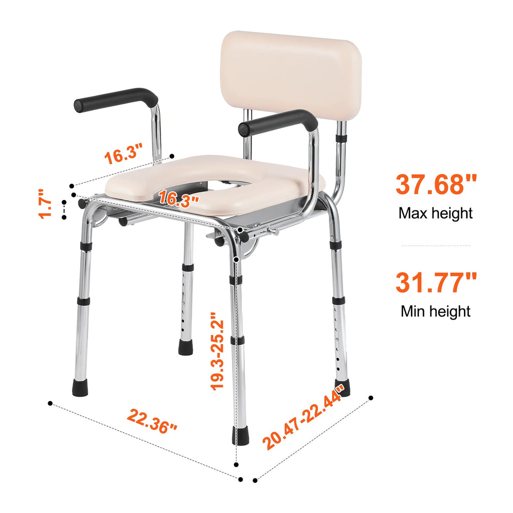 Commode Chair Padded Seat Drop-Down Arms 7-Level Adjustable Steel 350 LB