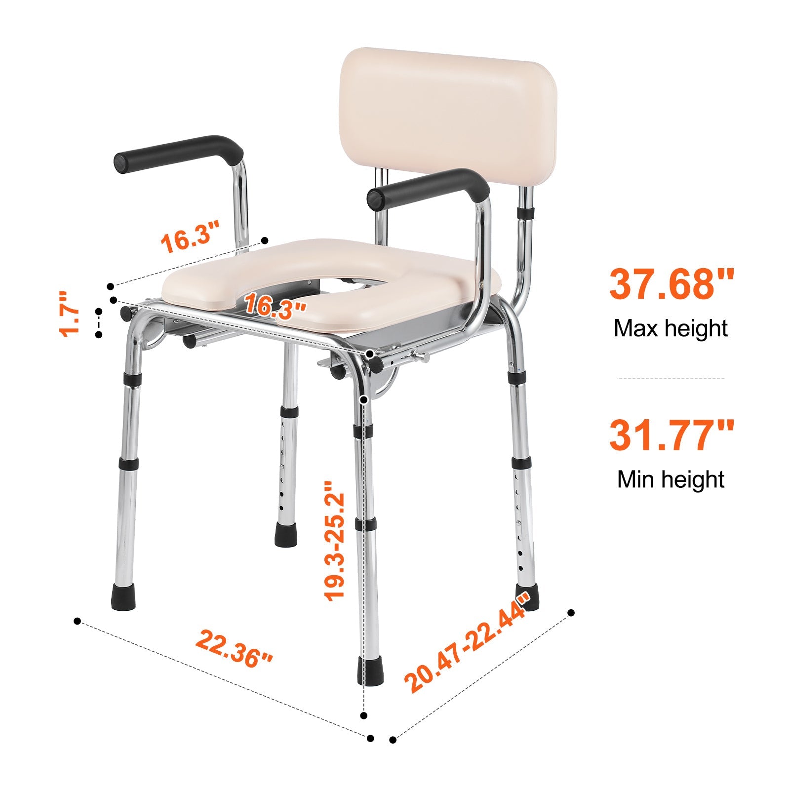 Commode Chair Padded Seat Drop-Down Arms 7-Level Adjustable Steel 350 LB