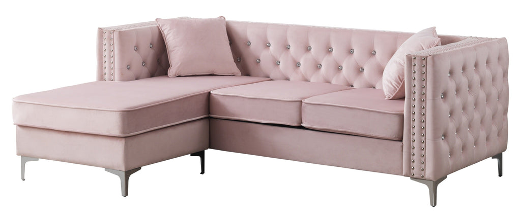 Sofa L-Shape Velvet Pink 3 Seat Tufted Chaise 87 In