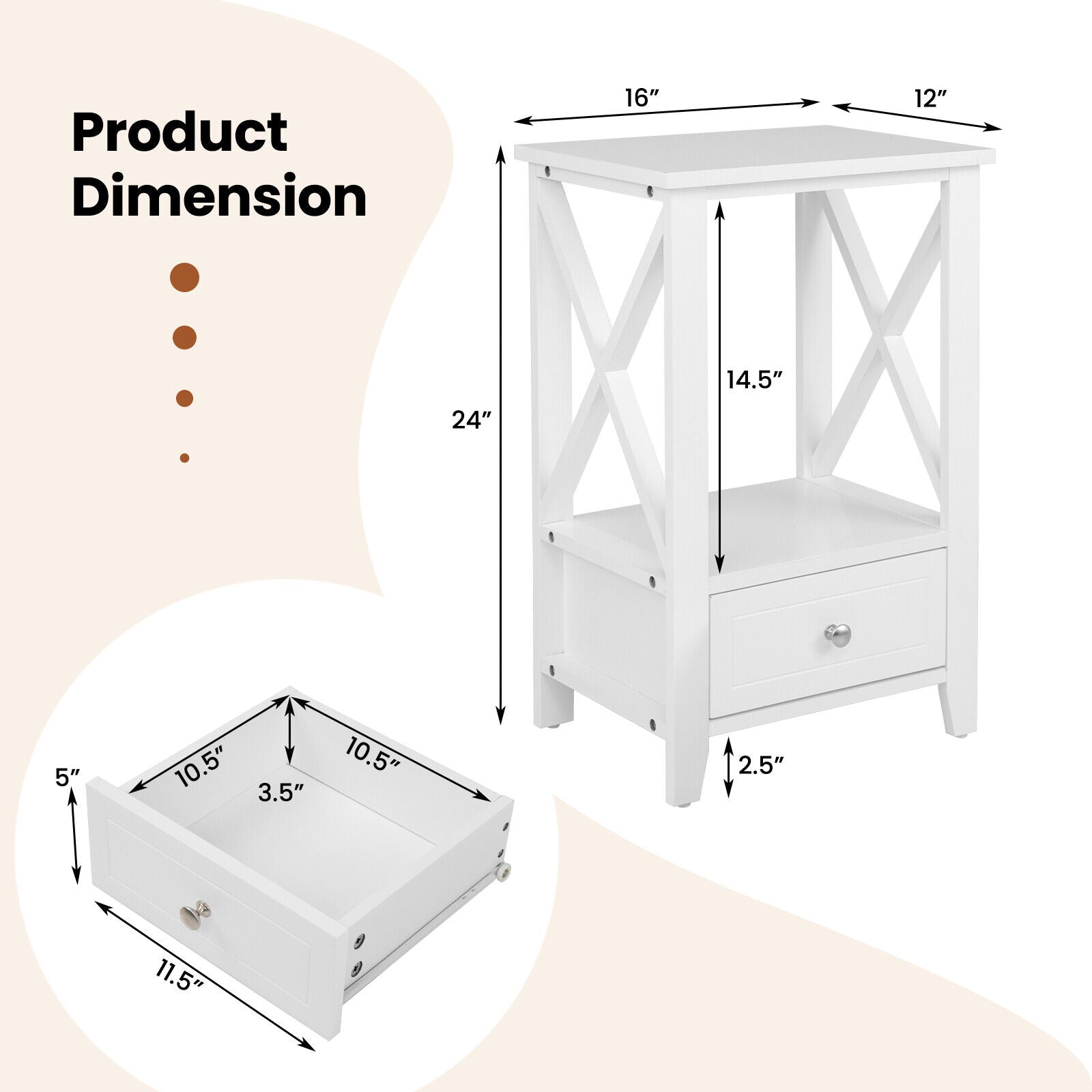 2-Tier 16 x 14 Inch Multifunctional Nightstand with Storage Drawer