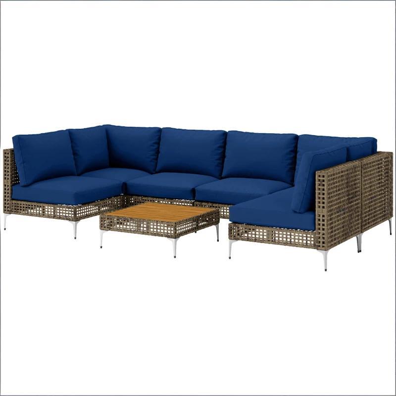 Outdoor Sectional Set Wicker Steel Acacia Wood Brown 7 Piece 352 LB