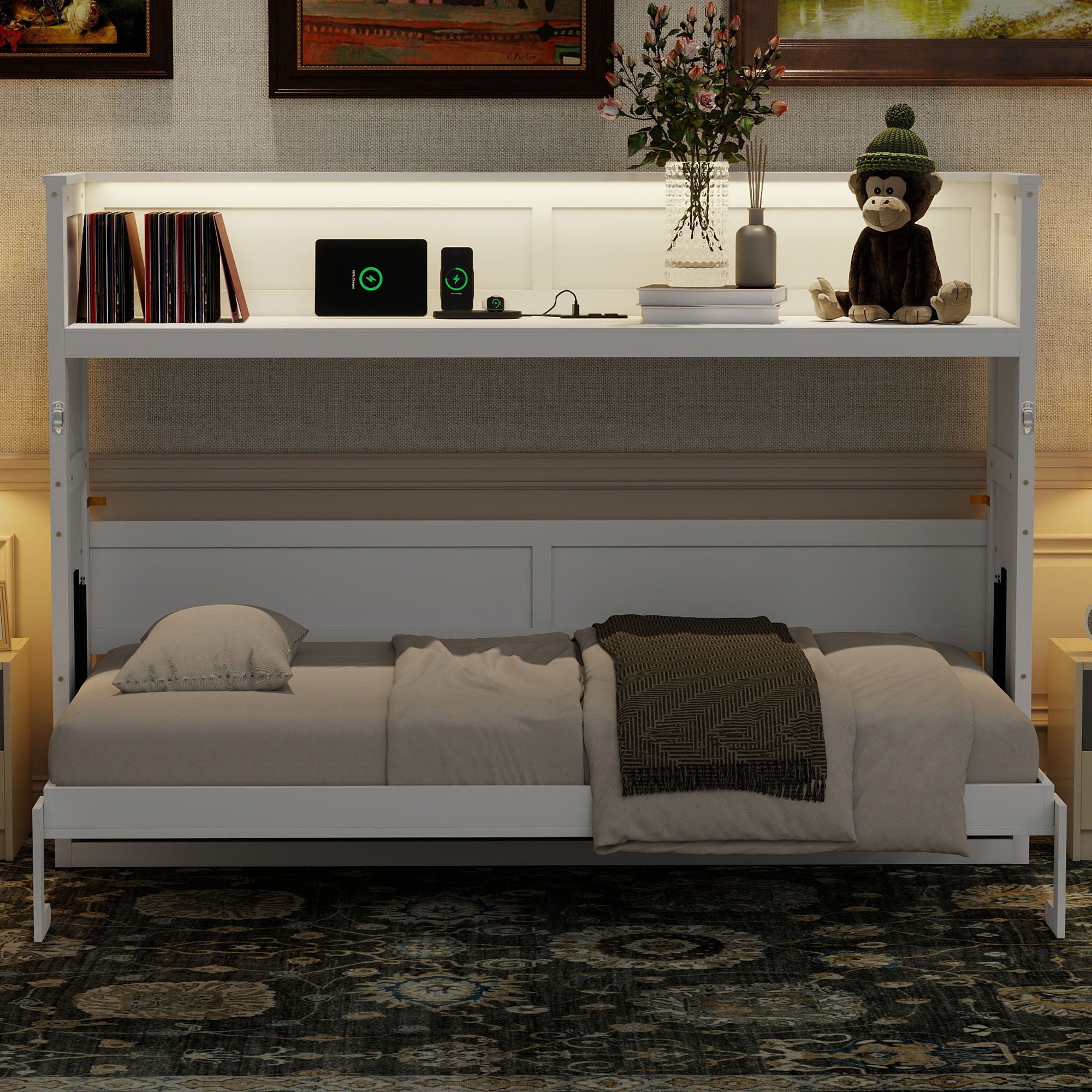 Murphy Bed With Desk, LED Light And USB Charging Station