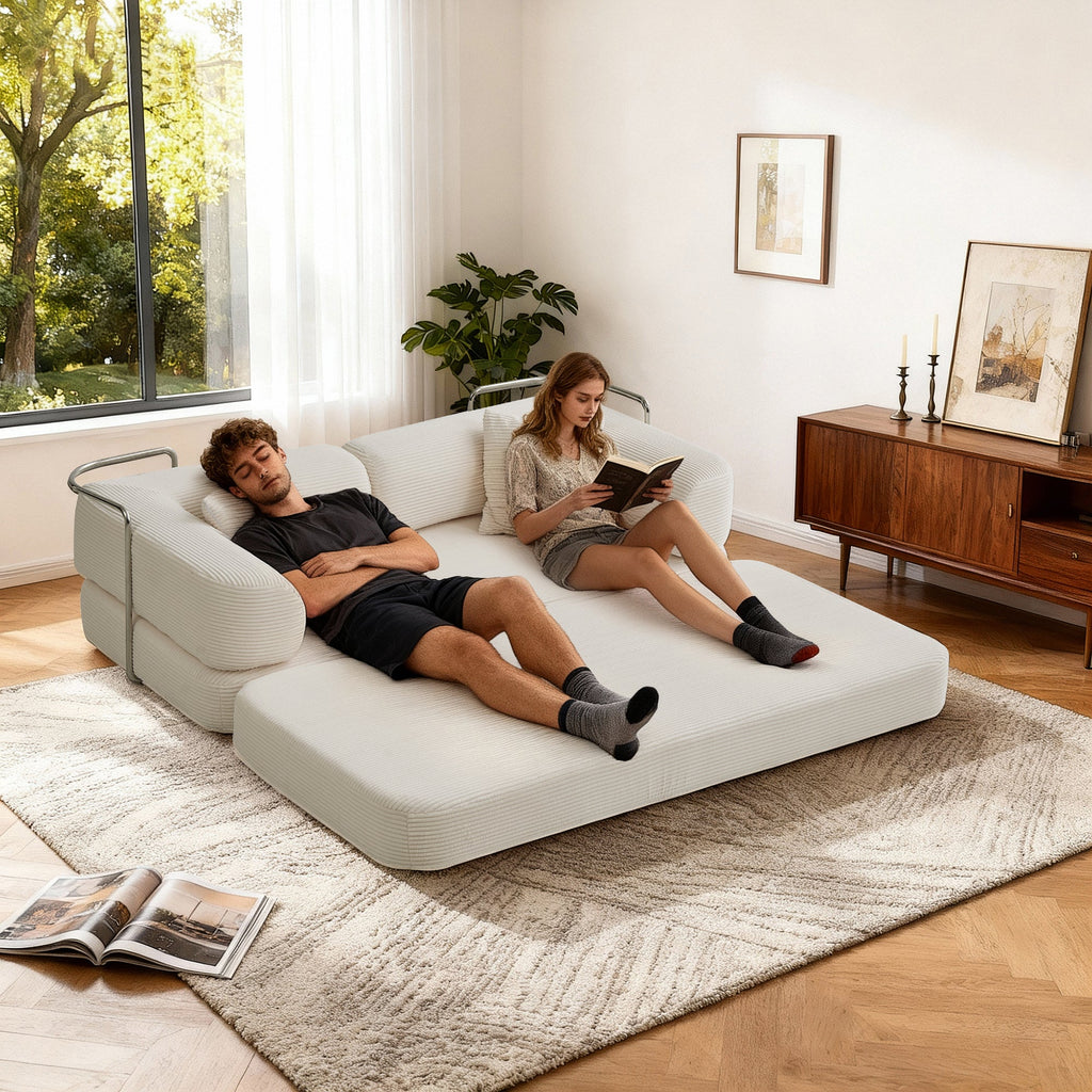 Sofa Floor Low Profile 5-in-1 Corduroy Cream Sleeper with Blanket 74.8 In