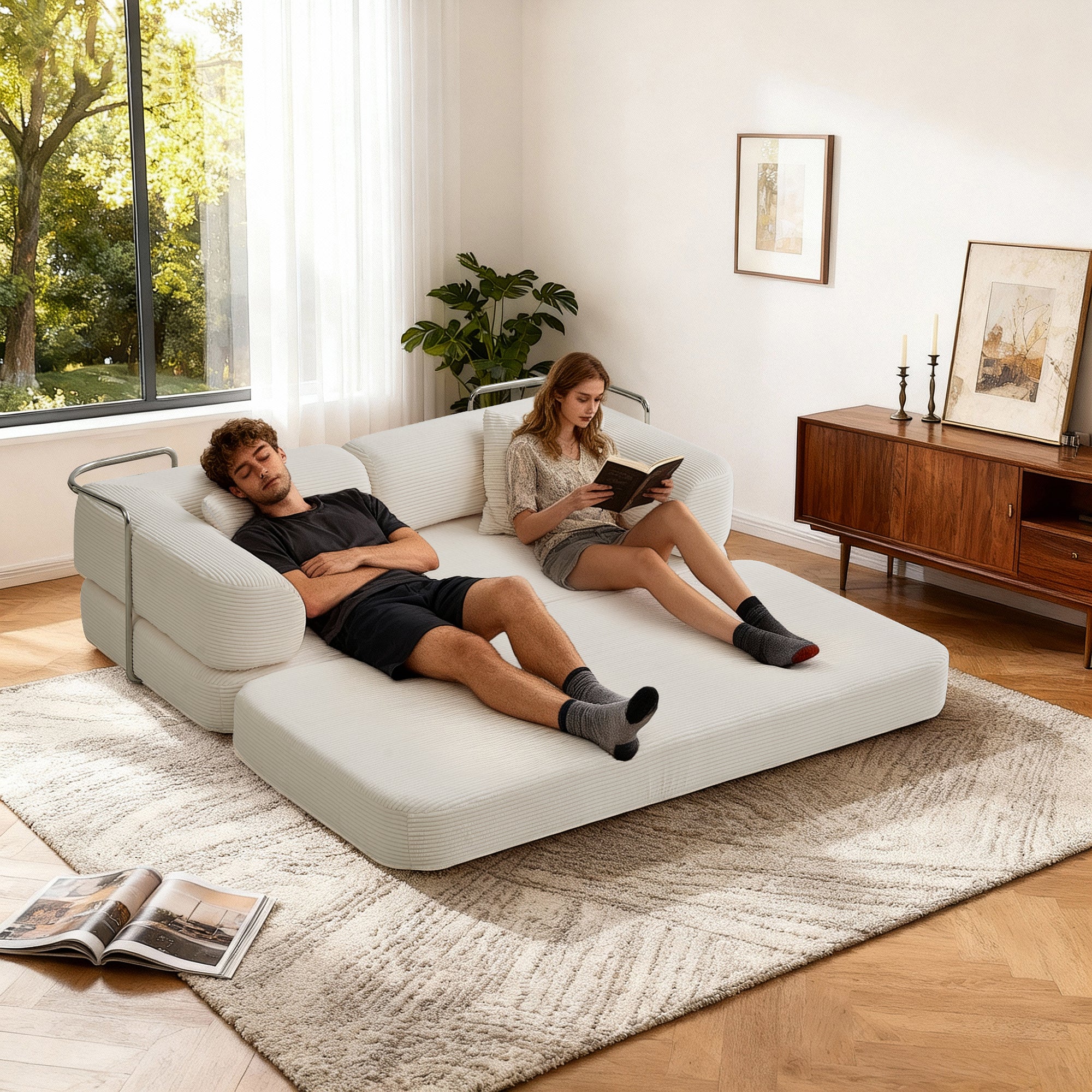 Sofa Floor Low Profile 5-in-1 Corduroy Cream Sleeper with Blanket 74.8 In