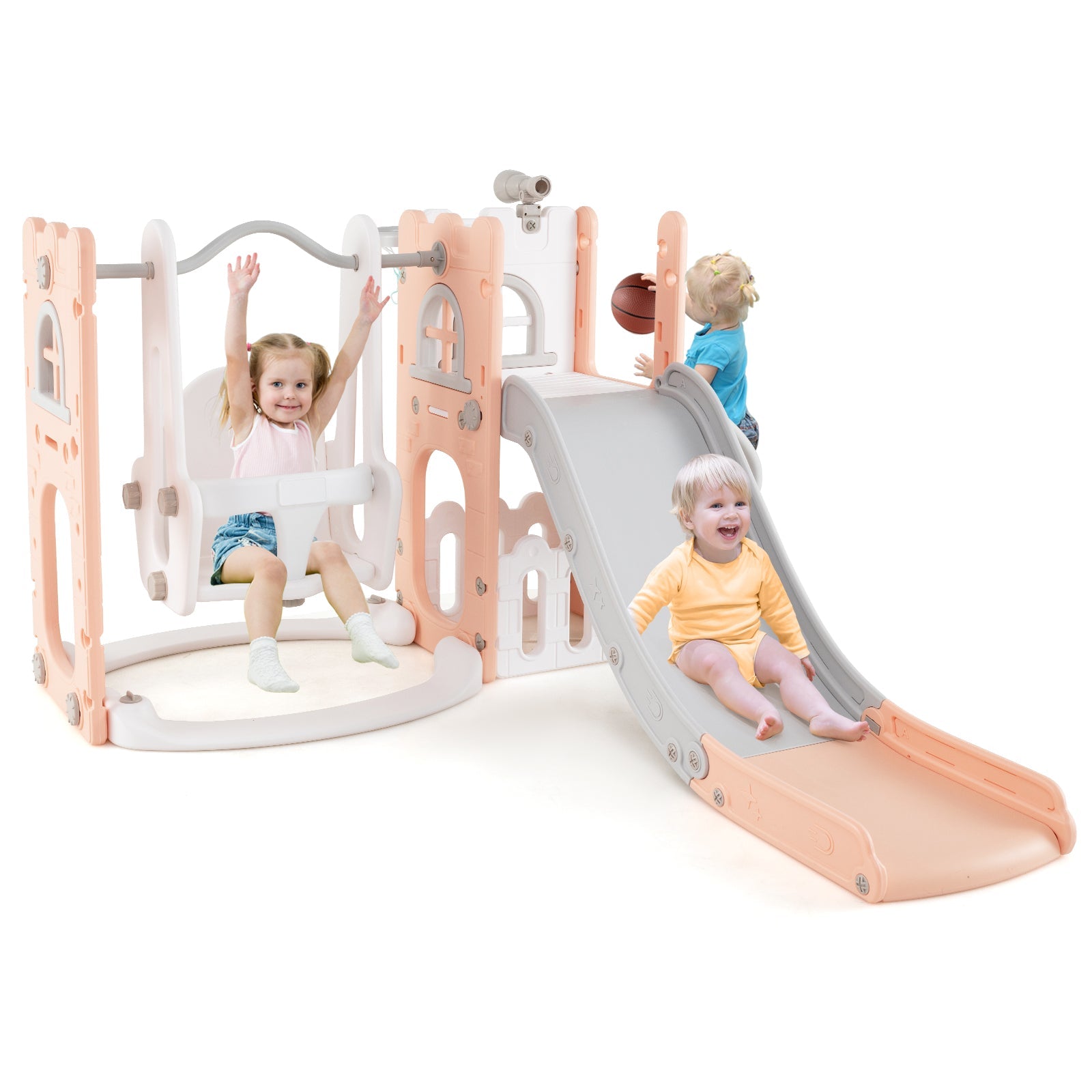 7-in-1 Toddler Swing and Slide Set L-shaped with Ladder and Basketball Hoop