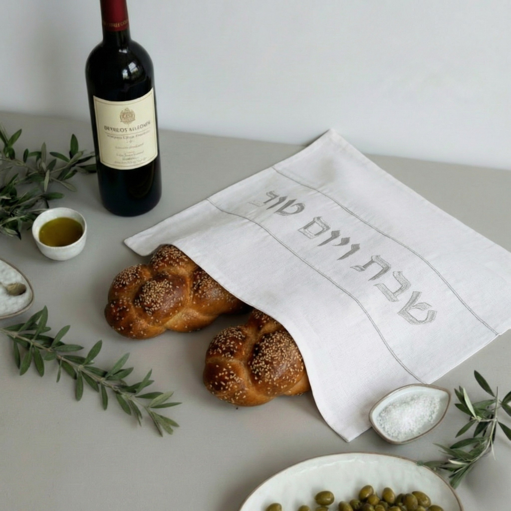 Modern White Challah Cover – Elegant Shabbat Table Linen | Nice Shabbat Series