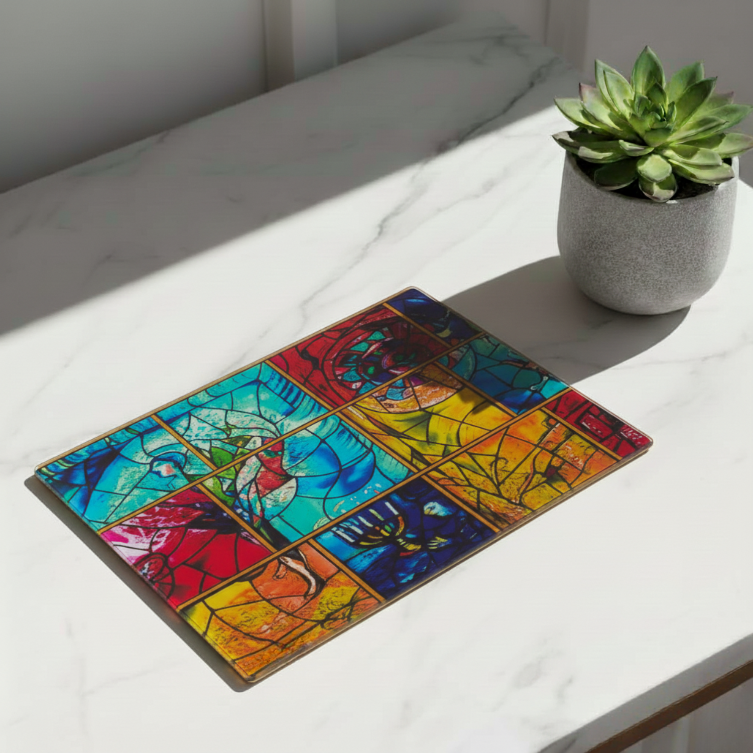 Decorative Glass Challah Tray with Jewish Art - Chagall Yellow Series