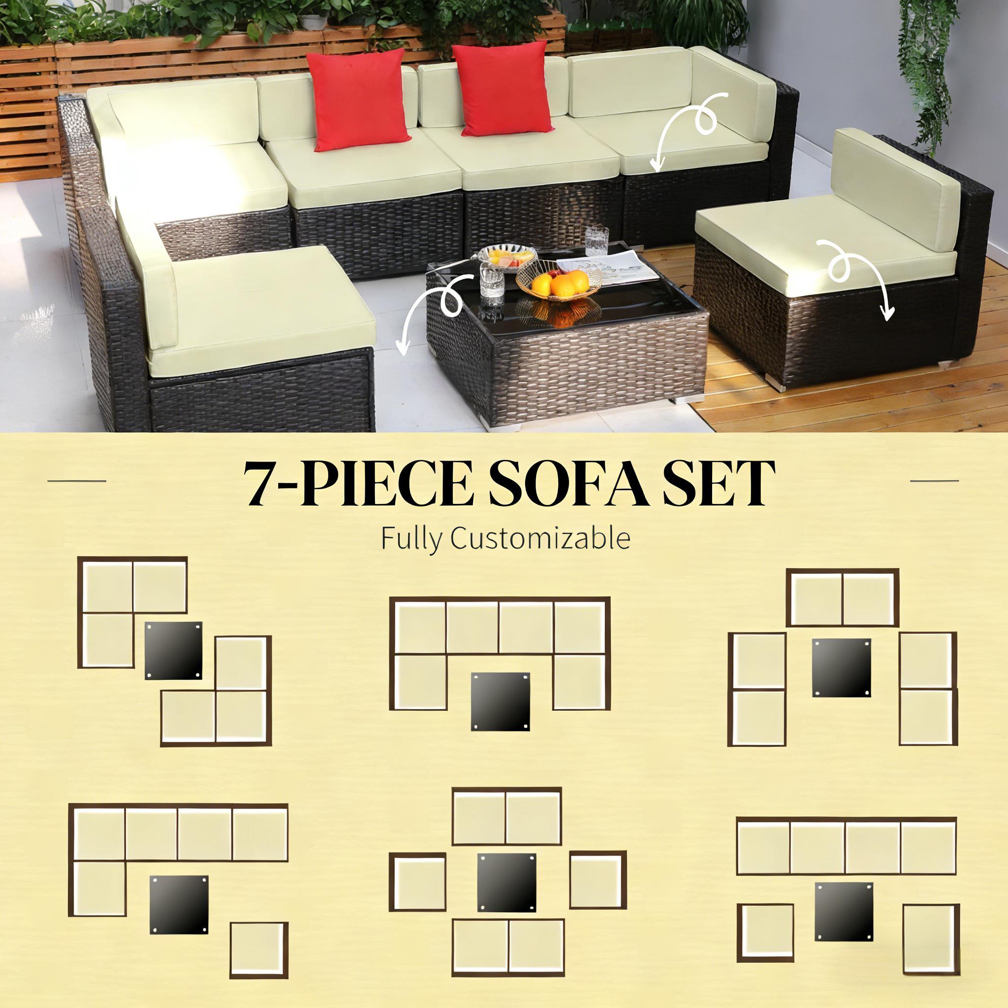 Outdoor Sectional Set PE Rattan Steel Beige Cushion 7 Piece L-Shape Seats 6