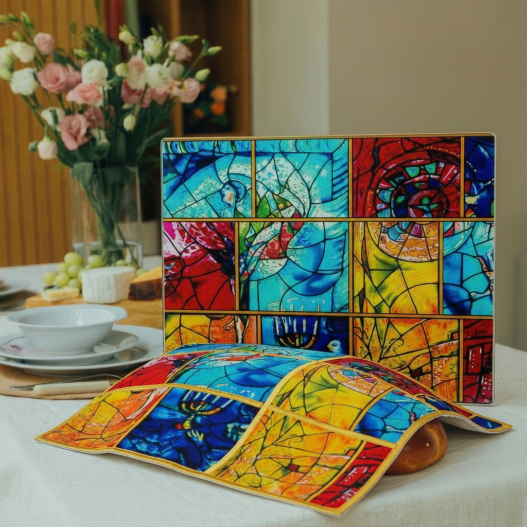 Decorative Glass Challah Tray with Jewish Art - Chagall Yellow Series