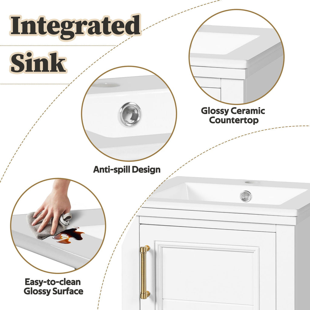 Bathroom Vanity With Sink, Soft Close Door, Adjustable Shelf, Freestanding Single Unit - White