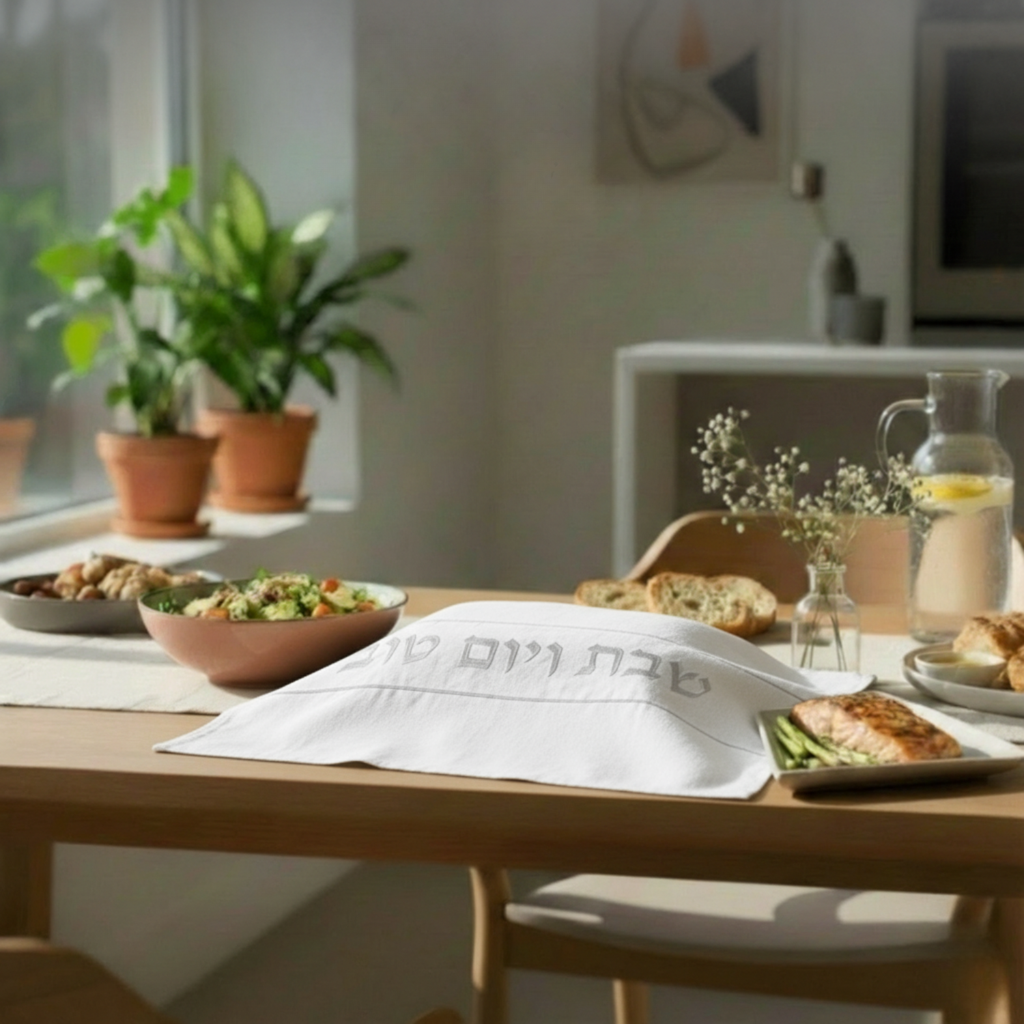Modern White Challah Cover – Elegant Shabbat Table Linen | Nice Shabbat Series