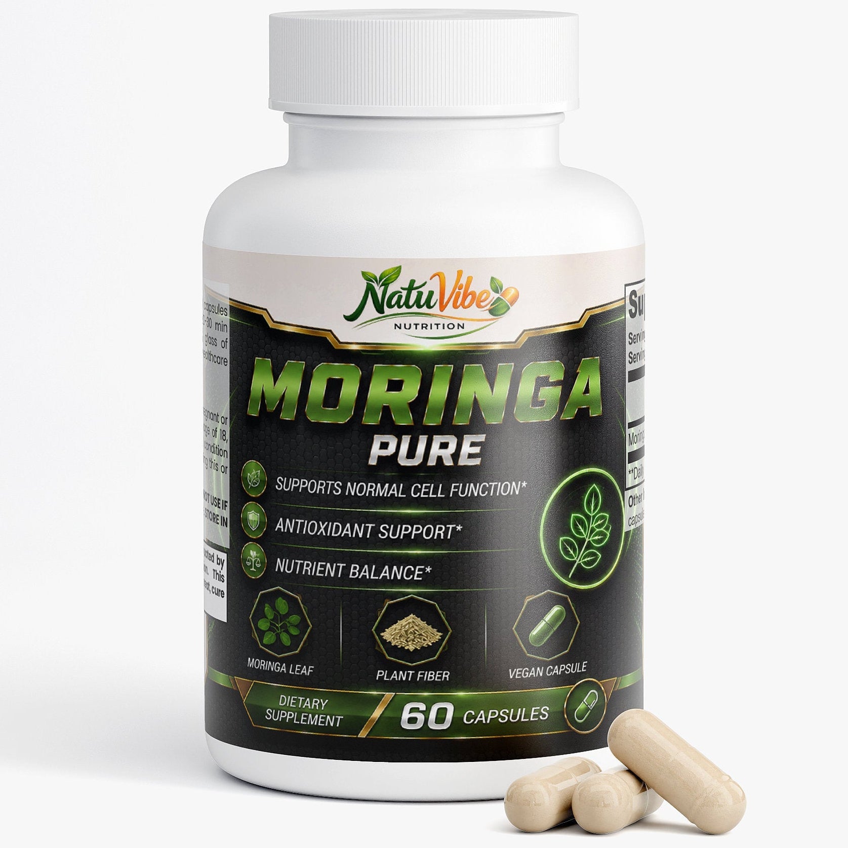 Moringa Pure 60 capsules Moringa Leaf, Plant Fiber, Vegan Capsule