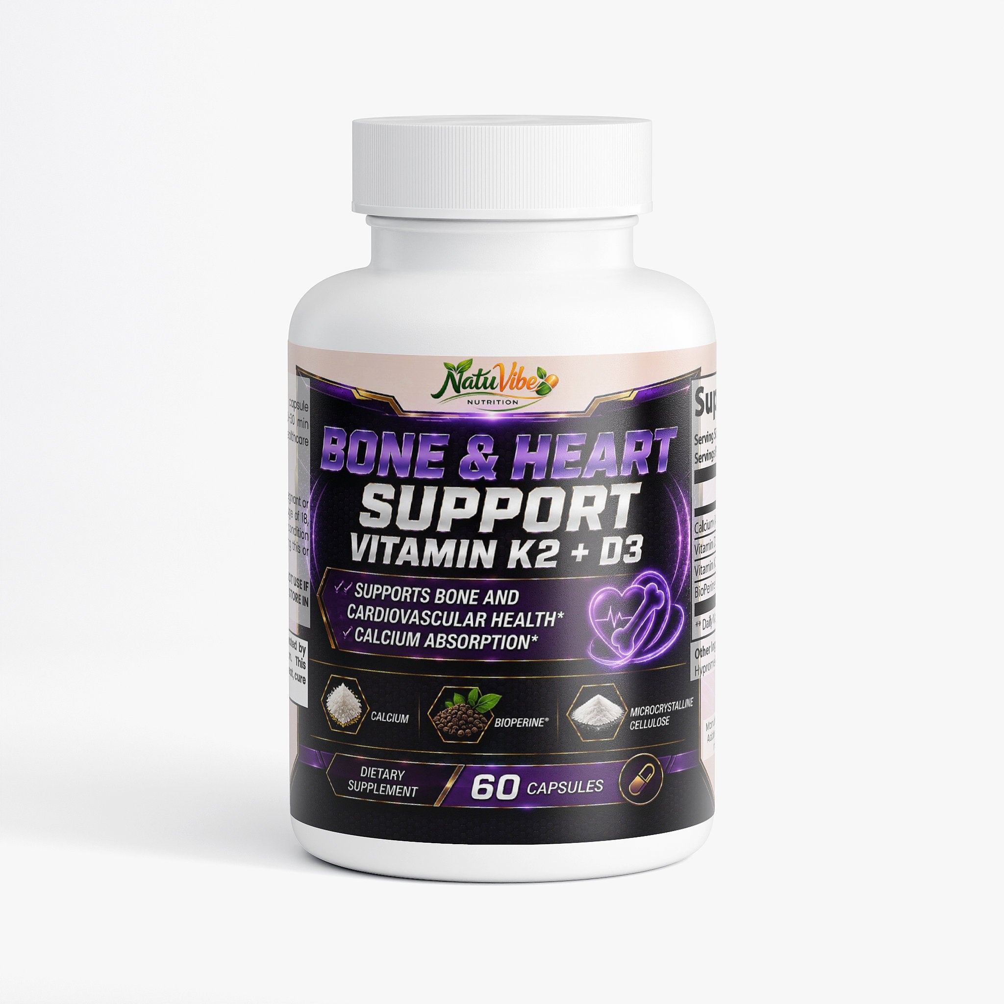 Vitamin D3 K2 MK-7 with Calcium & BioPerine – Bone, Heart & Immune Support, 60 Capsules