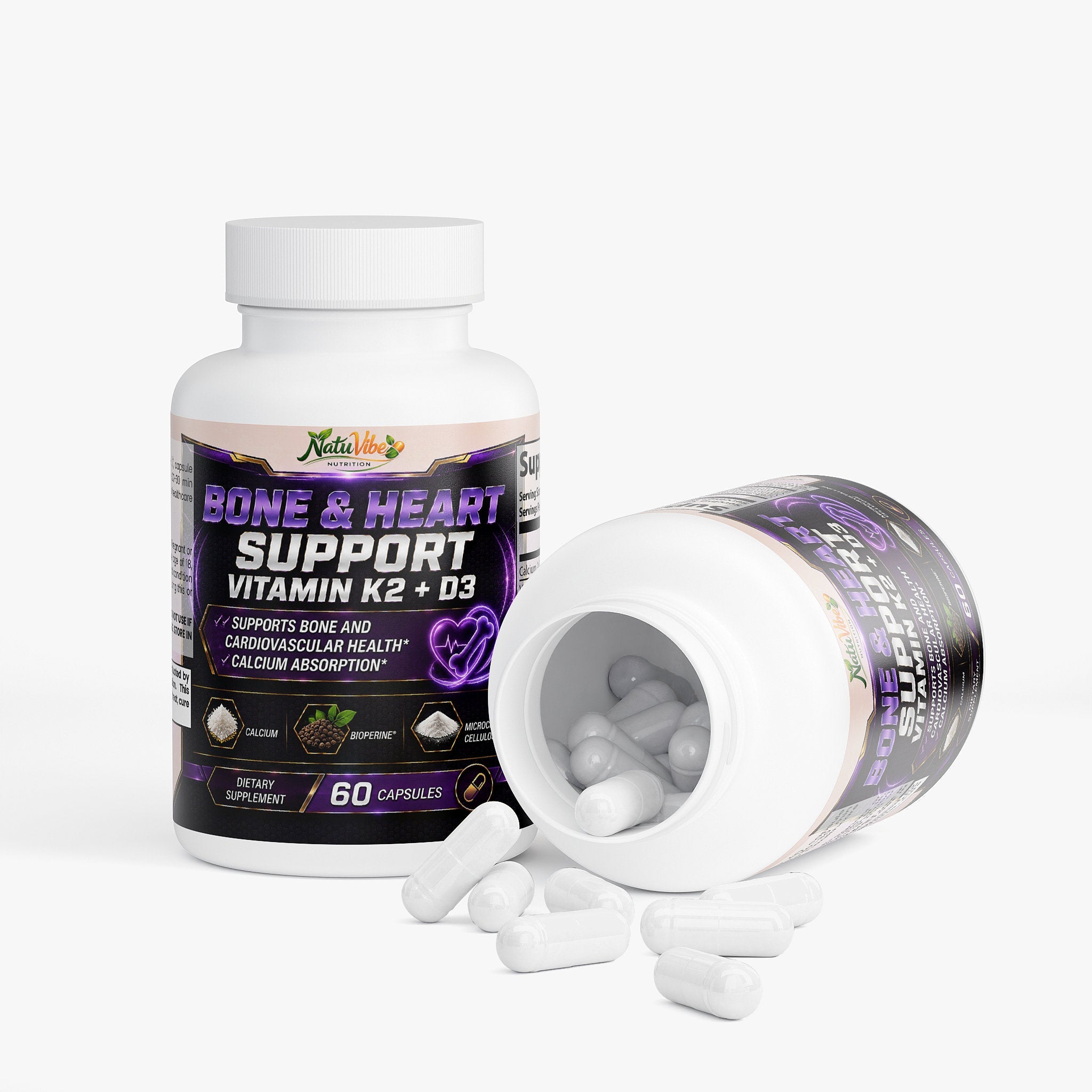 Vitamin D3 K2 MK-7 with Calcium & BioPerine – Bone, Heart & Immune Support, 60 Capsules