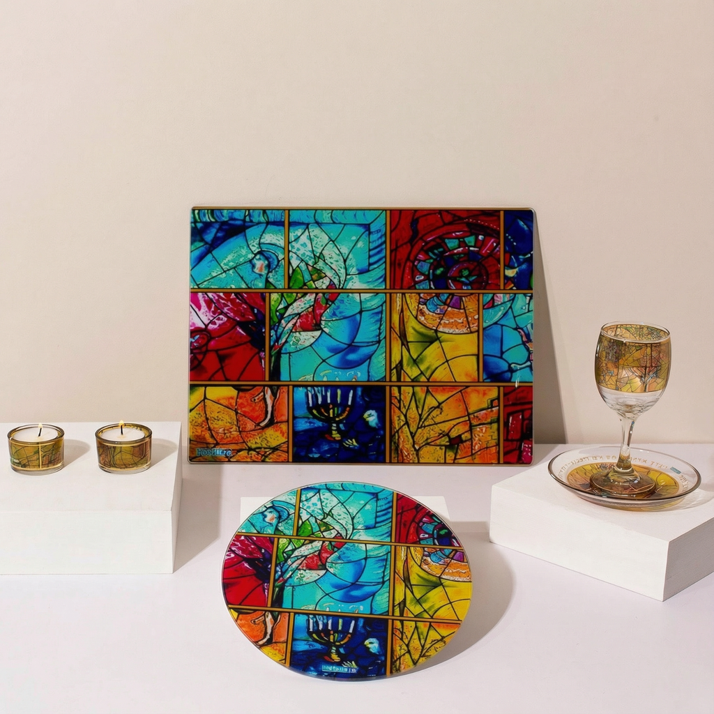 Decorative Glass Challah Tray with Jewish Art - Chagall Yellow Series